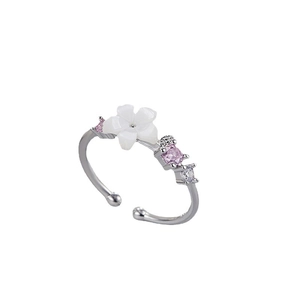 Elegant adjustable silver cherry blossom ring with white shell flower and pink zircons