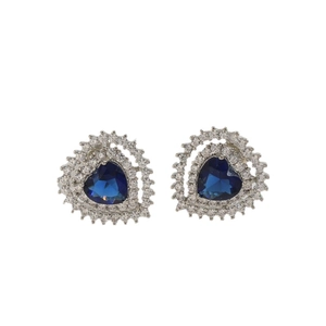 Elegant silver heart earrings with deep blue cubic zirconia and double halo setting