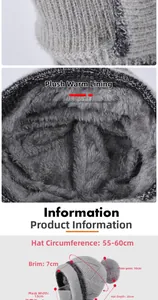 Detail view of grey knit beanie with plush fleece lining and dimensions for winter warmth