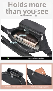 Detail view of large capacity waterproof waist bag showing multiple functional compartments