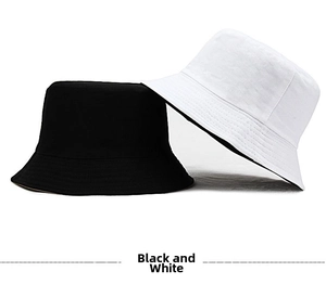 Detailed view of high-quality cotton bucket hats shown in black and white colors