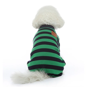 British style green and black striped dog pajamas with brown leather label on white background