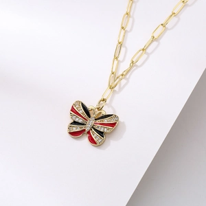18K gold plated necklace featuring a red and black enamel butterfly pendant with zircons