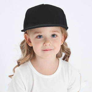 Front view of a young girl wearing a classic plain black cotton baseball cap for kids