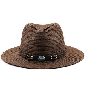 Classic brown straw Panama hat with turquoise beads and black band for sun protection