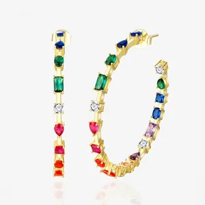 Multicolor Zircon Rainbow Hoop Earrings With 925 Sterling Silver Earring Post For Women Large Geometric Jewelry