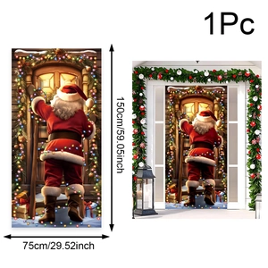 Detail view of 150x75cm Santa Claus Christmas door banner with dimensions and usage scene