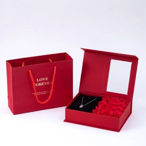 Valentine's red gift box with 12 soap roses, a silver necklace, and a matching gift bag