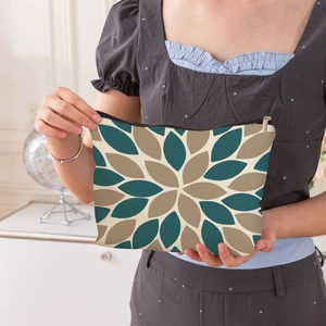 Trousse à maquillage moderne en lin avec motif géométrique et fermeture éclair