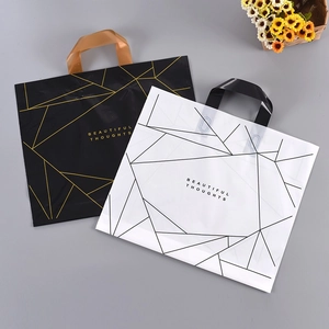 Elegant PE plastic shopping bags with geometric lines and Beautiful Thoughts print