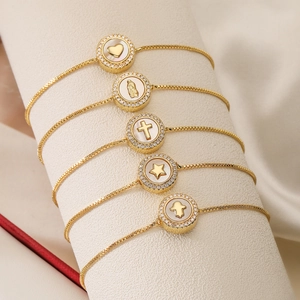 Verstellbares Kupferarmband 18K Vergoldet Perlmutt Zirkon Herz Kreuz Stern Eleganter Schmuck Für Damen