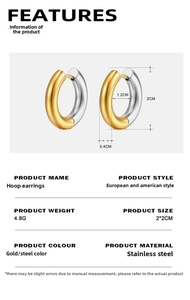 Detailed size specifications for 4mm two-tone stainless steel hoop earrings in gold