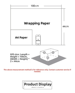 Sizing guide for 100x44cm kraft wrapping paper showing box dimensions and scale references
