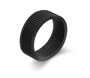 Macro detail of 8mm black stainless steel mesh ring with textured chainmail design