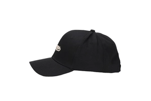 Detailed side view of a black cotton baseball cap featuring white cursive embroidery