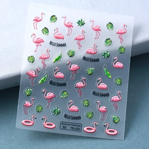 Stickers ongles 5D relief avec flamants roses et feuilles de palmier tropicales