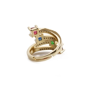 Bague ouverte dorée avec pierres de zircone carrées colorées disposées verticalement