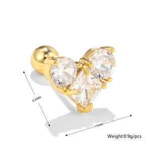 Macro view of gold heart ear stud with zircons showing dimensions 8.2mm by 11mm and 0.9g weight