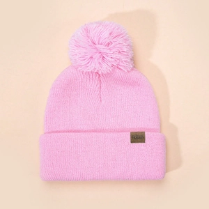 Kids Knit Beanie Hat With Pom Pom Winter Warm Acrylic Solid Color Fashion Patch For Toddler Boys And Girls