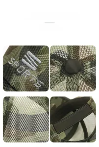 Detailansicht der Camouflage-Trucker-Mütze mit Sports-Stickerei und Netzstoff