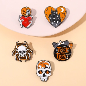 Five-piece Halloween punk enamel pin set featuring pumpkin skulls and spiders on badges
