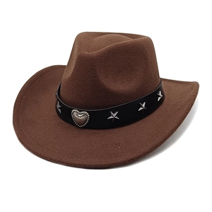 Western Cowboy Hat Cotton Polyester Felt Wide Brim Retro Ethnic Style Heart Buckle Star Studs For Men Women
