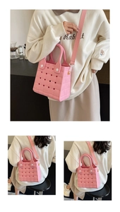 Detailed views of pink EVA woven handbag with adjustable wide strap and top handle