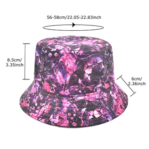 Tie-dye bucket hat with purple abstract pattern and sun protection dimensions