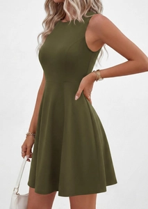 Olive green sleeveless A-line dress featuring a cinched waist and elegant crew neck design