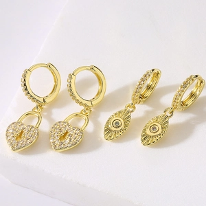 Exquisite 18K gold plated heart lock and evil eye dangle earrings with zircon accents