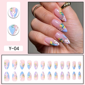 24pcs long almond press-on nails with lemon pattern and floral prints for women