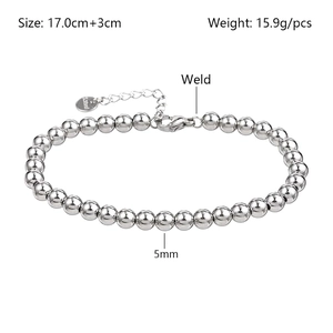 Detailed view of 5mm stainless steel bead bracelet with dimensions and lobster clasp