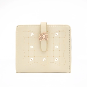 Close-up of beige PU leather wallet with printed flower patterns and a 3D floral buckle
