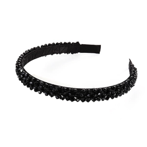 Elegant multi-layered black beaded headband with faceted glass crystals on fabric base