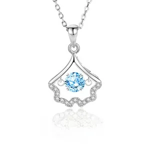 Detail view of S925 silver necklace with dancing sky blue gemstone and diamond accents