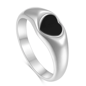 Minimalist stainless steel ring featuring a black shell heart inlay with polished finish