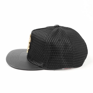 Detail of black mesh snapback cap featuring a gold metal dollar sign emblem on the side