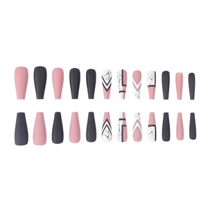 Long coffin press-on nails with matte pink, grey, and marble patterns in a 24pc set