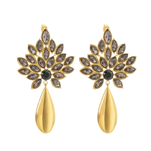 Vintage gold leaf drop earrings with grey marquise crystals and sleek waterdrop pendants