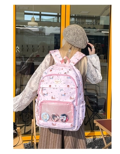 Pink student backpack with transparent front pocket and cute dachshund graffiti print