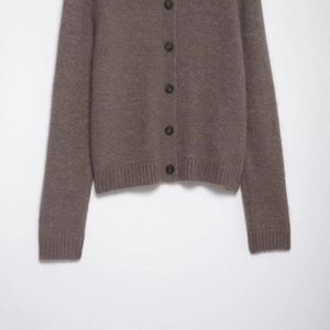 Deep brown faux fur knit cardigan with five buttons and ribbed cuffs on white background