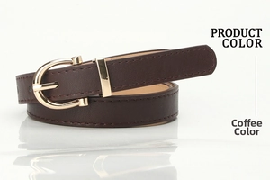 Detail of coffee brown PU leather belt featuring a golden horseshoe metal buckle on white mirror