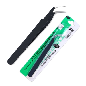 Precision curved stainless steel tweezers with black anti-magnetic coating and packaging