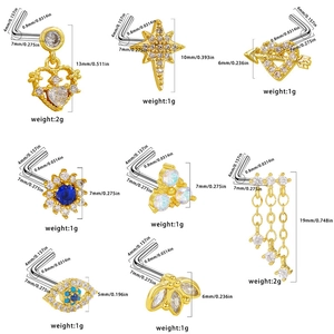 Tableau des tailles détaillé pour piercings de nez en L dorés avec zircons cœur et abeille