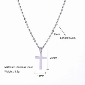Silver stainless steel cross necklace with twist chain and dimensions detailed on white background