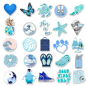 Detailed grid of 25 blue aesthetic vinyl stickers with heart, ocean and animal motifs