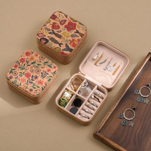 Portable cork jewelry box with vintage floral prints for travel and daily storage