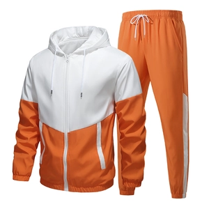 Men Hooded Zipper Jacket And Jogging Pants Polyester Color Block Windproof Casual Fitness Athletic Clothing