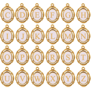 Gold oval pendants with white enamel A-Z letters for DIY jewelry making accessories