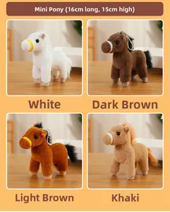 Detailed size view of plush horse toys in four colors with 16cm length measurements